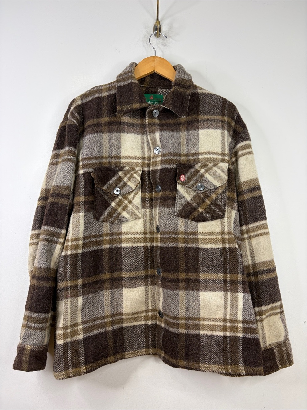 Vintage LumberJac Shirt Mens 46 XL Brown Beige Plaid Wool Shacket Bell Shirt